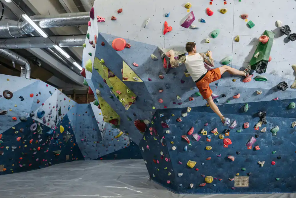 Steep overhanging bouldering wall with large volumes